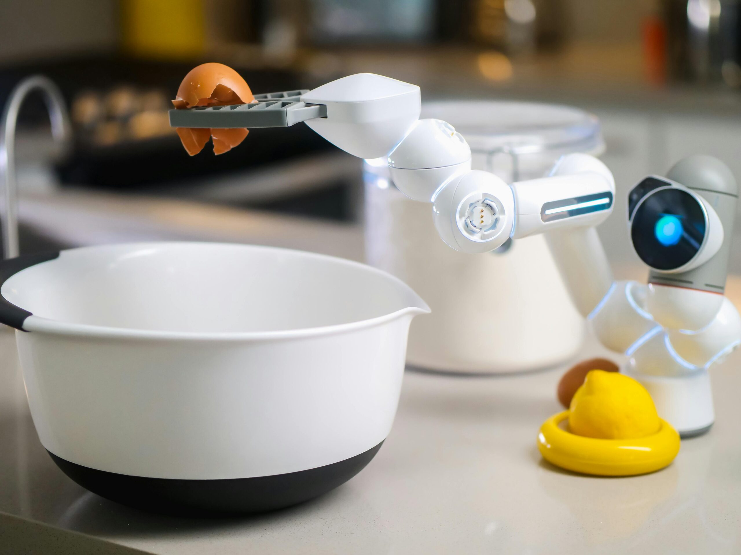 A robot is holding a bowl filled with food, showcasing its ability to assist in meal preparation or serving.